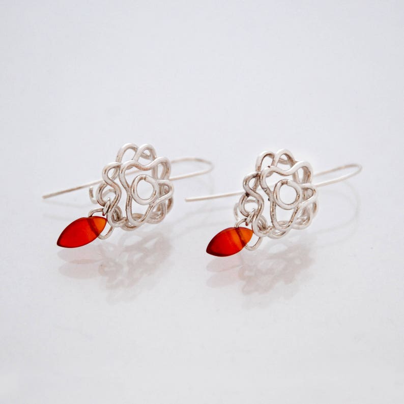 Wire Flower Earrings, Long Floral Earrings, Red Orange Carnelian Earrings, Silver Wire Earrings, Dangle Boho Earrings, Women Flower Earrings image 1