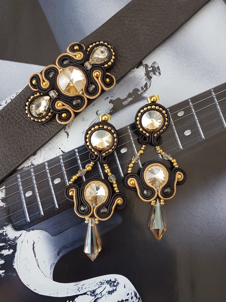 Handmade gold earrings and bracelet Soutache earring,Gift for her Soutache earrings and bracelet set Soutache jewelry Soutache bracelet