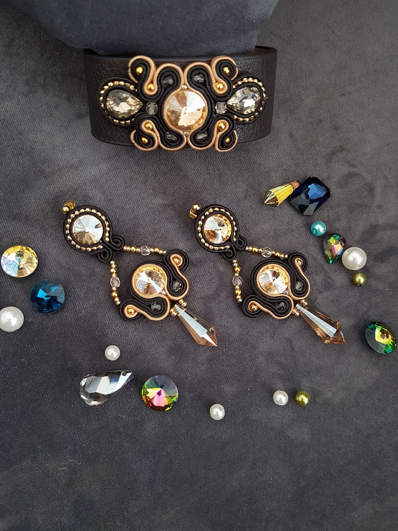 Handmade gold earrings and bracelet Soutache earring,Gift for her Soutache earrings and bracelet set Soutache jewelry Soutache bracelet