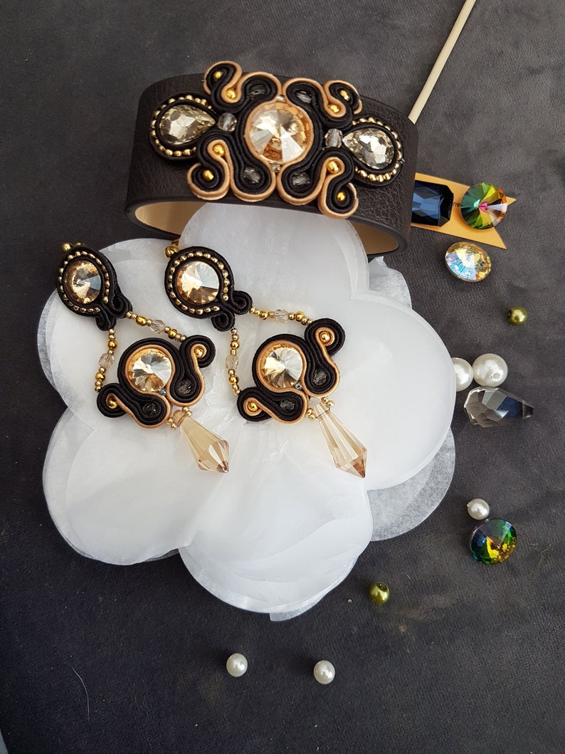 Handmade gold earrings and bracelet Soutache earring,Gift for her Soutache earrings and bracelet set Soutache jewelry Soutache bracelet