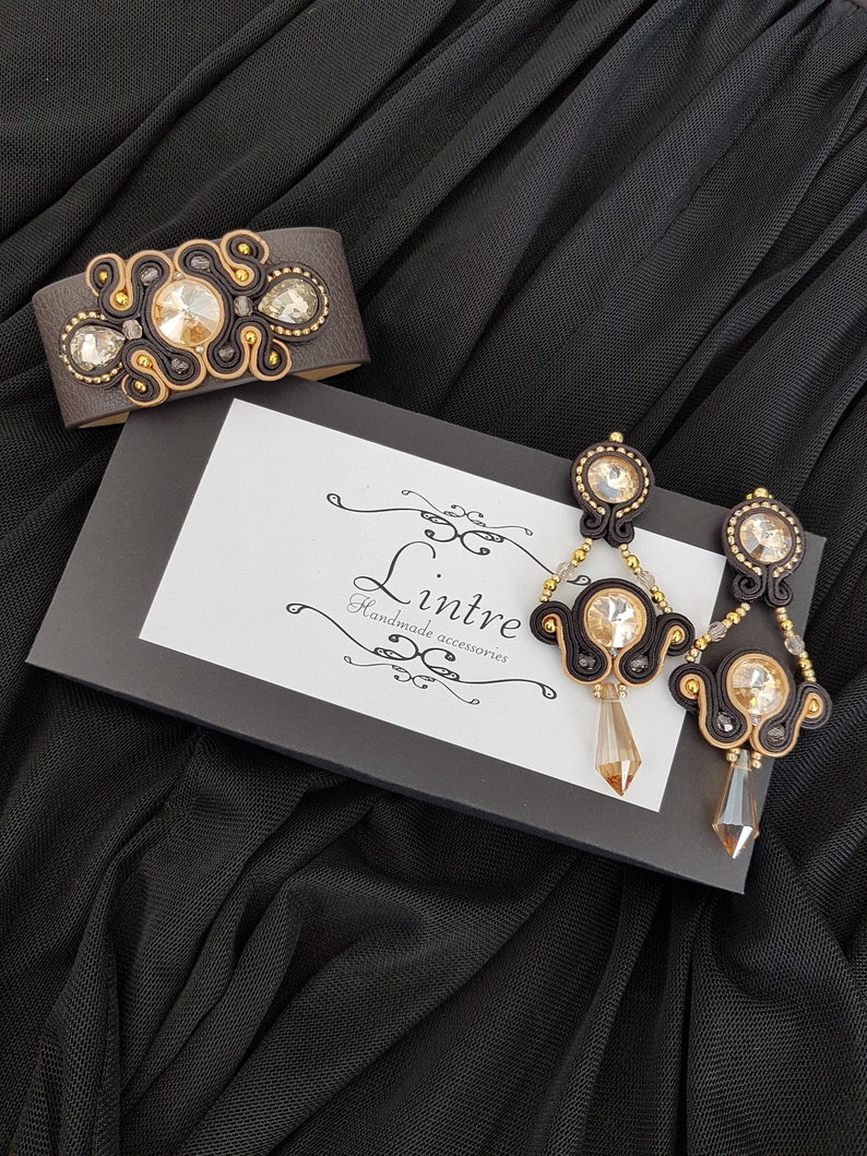 Handmade gold earrings and bracelet Soutache earring,Gift for her Soutache earrings and bracelet set Soutache jewelry Soutache bracelet