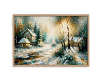 Snowy Countryside Framed Wall Art, Winter Cottage Print for Cozy Home Decor