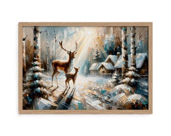 Doe and Fawn Winter Wall Art Print – Snowy Cottage Christmas Decor