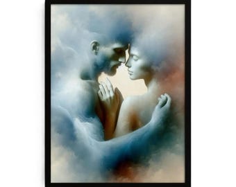 May include: A framed wall art print depicting two figures facing each other in an embrace, rendered in soft, ethereal blue and cream tones. The figures appear to be dissolving into clouds, with smooth skin textures and a hazy, dreamlike atmosphere.