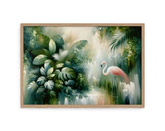 Flamingo Wall Art Print, Tropical Botanical Decor with Pink Flamingo, Coastal Style Artwork (Square or Landscape)