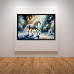 以下が含まれることがあります： 冬の森のシーンに白い馬が描かれた額入りのアートプリント。 馬は流れるようなたてがみと尾を持ち、青と金の配色です。 アートワークは、木製の床の上にある白い壁に展示されています。