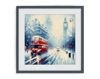 London Skyline Framed Print with Red Bus, Modern City Wall Art