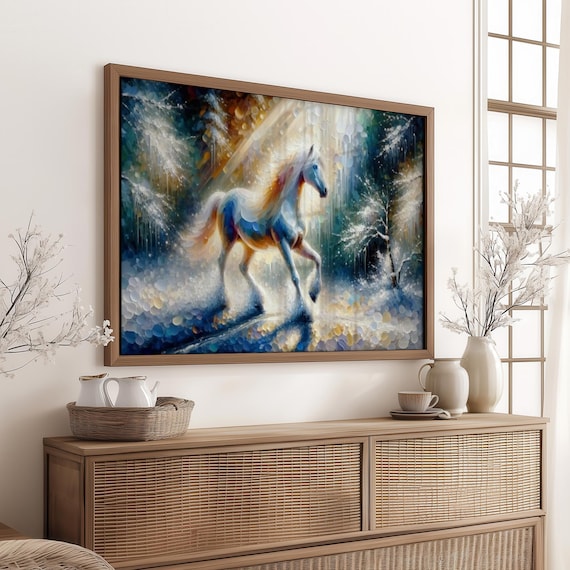 Majestic Horse Winter Scene Print: Christmas Wall Art