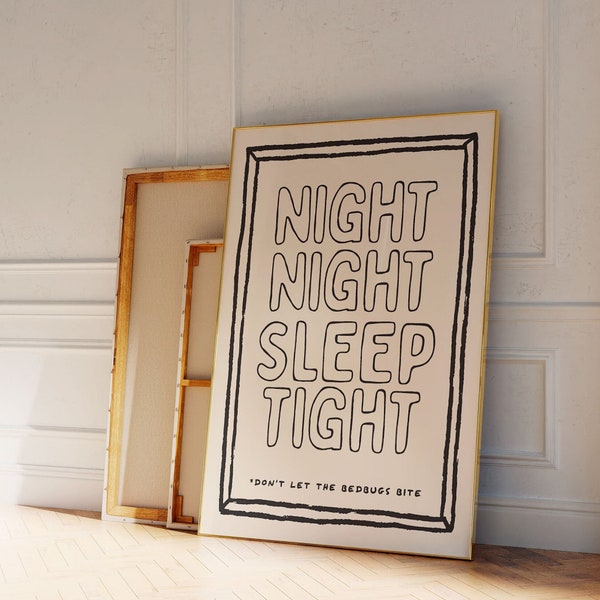 Night Night Sleep Tight Schlafzimmer Druck, Wandkunst, Lustige Bettwanzen Poster, Funky Wohnkultur, Maximalist Dekor, Trendy, Bunte ästhetische Kunst