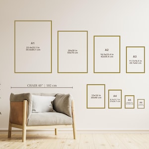 May include: A chart showing the different sizes of paper, from A1 to A6, with measurements in inches and centimeters. The chart is displayed on a white wall with a brown armchair in the foreground.