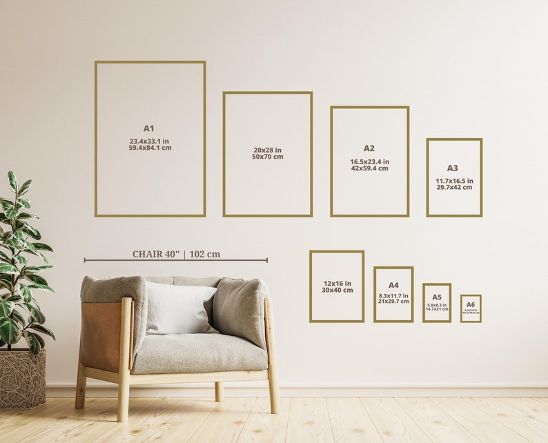 May include: A chart showing the different sizes of paper, from A1 to A6, with measurements in inches and centimeters. The chart is displayed on a white wall with a brown armchair in the foreground.