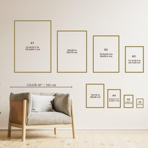 May include: A selection of framed art prints in various sizes, including A1 (59.4x84.1 cm), 20x28 in, A2 (42x59.4 cm), A3 (29.7x42 cm), 30x40 cm, A4 (21x29.7 cm), A5, and A6. A chair, 102 cm wide, is in the foreground.