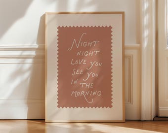 Bedtime Quote Wall Art, Night Night Love You Print, Cozy Bedroom Decor, Cottagecore Retro Art, Nursery Wall Art, Vintage Bedroom Style Decor