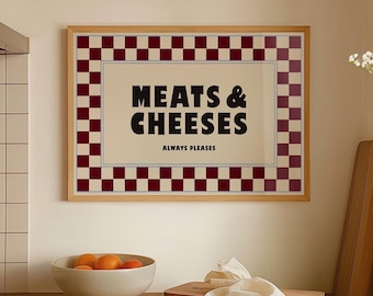 Meats & Cheeses Kitchen Wall Art Print, Retro Red Food Poster, Vintage Check Kitchen Decor, Italian Deli Style Wall Art, Cafe Poster Print