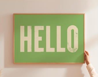 Hello Wall Art Print, Home Wall Decor, Quirky Art, Typography Print, Entryway Poster, Horizontal Art, Funky Wall Art Gift, Fun Bold Colours