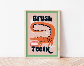 Zähneputzen Badezimmer Poster, Lustiges Krokodil WC Wand Kunst, Lustiges Poster, Funky Hauptdekor, Maximalist, Trendy, Bunte Tierkunst