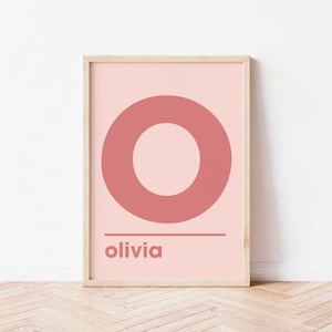 Impresión de nombre de letra inicial personalizada, arte de pared de dormitorio, retrato, A3 A4 A2, impresión de sala de juegos de guardería, regalo de bebé, decoración peculiar, color