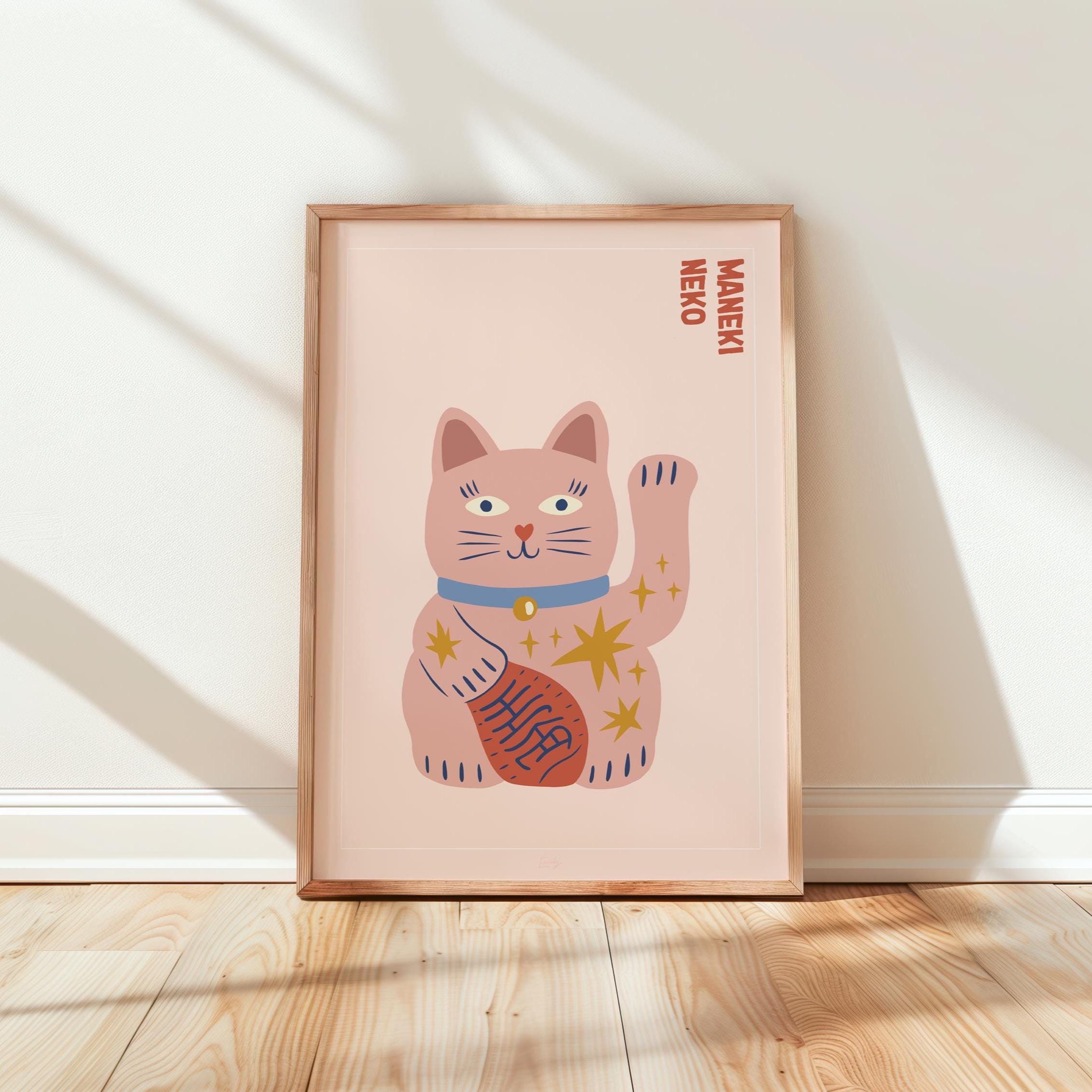 招き猫のプリント、招き猫のウォールアート、個性的なイラスト 