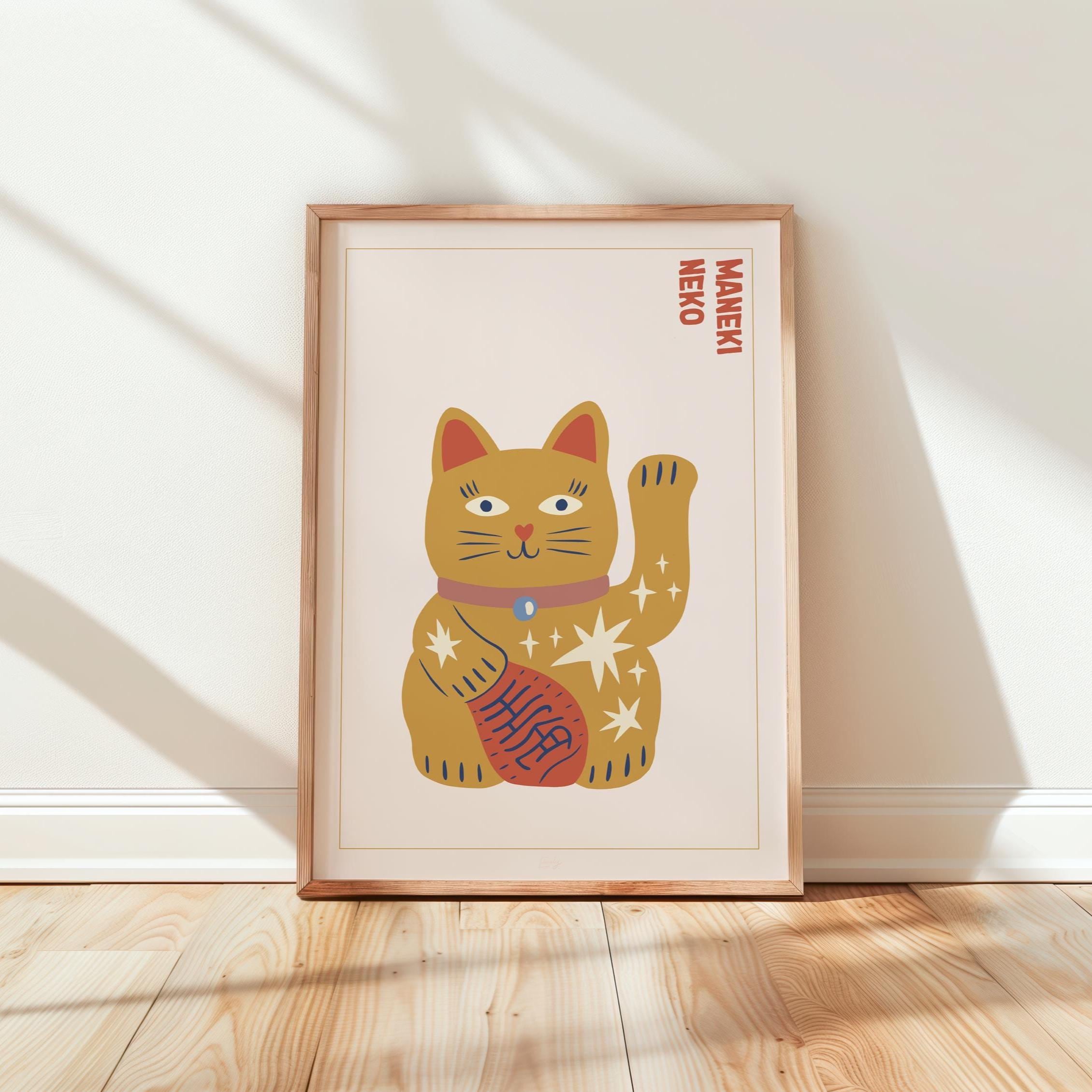 Lacky cat ページ Lucky Cat Print, Maneki Neko Wall Art, Quirky Illustration