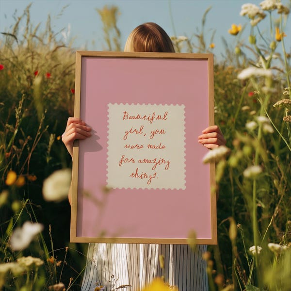 Impresión "Hermosa niña, fuiste hecha para cosas increíbles", arte de pared rosa para dormitorio de niña, decoración vintage para habitación infantil, arte de afirmación escrito a mano