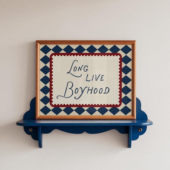Long Live Boyhood Art Print, Boys Room Wall Art, Kids Playroom Decor, Vintage Nursery Print, Harlequin Diamond Pattern, Boys Gift Idea