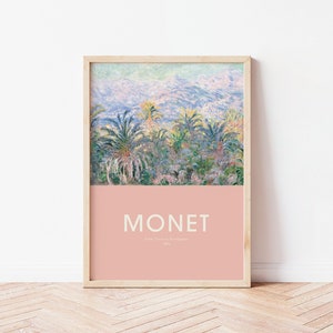 Impresión de la exposición de Monet, Palmeras en Bordighera, Póster de Monet, Mural de galería, Impresión vintage, Tipografía, Retrato, Regalo, Póster rosa del artista