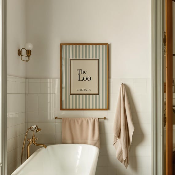 Personalised “The Loo” Bathroom Sign, Custom Toilet Door Sign, Sage Green Striped Bathroom Wall Art, Funny Cloakroom or Powder Room Decor