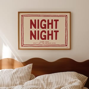 夜眠る寝室プリント、ベッド上の水平ウォールアート、睡眠プリント、ホームデコレーション、マキシマリストデコレーション、トレンディ、美的アート