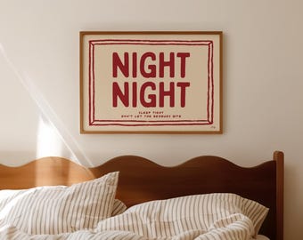 Night Night Sleep Tight Bedroom Print, Horizontal Above Bed Wall Art, Sleeping Print, Home Decor, Maximalist Decor, Trendy, Aesthetic Art