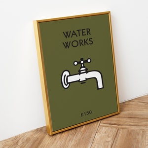 Monopoly Water Works Bathroom Print, Olive Green, New Home Decor, Wall Art, Gallery Wall, A1 A2 A3 A4 A5, Gift Housewarming, Best Selling