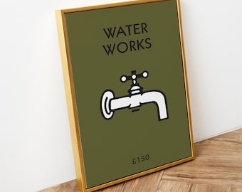 Monopoly Water Works Bathroom Print, Olive Green, New Home Decor, Wall Art, Gallery Wall, A1 A2 A3 A4 A5, Gift Housewarming, Best Selling