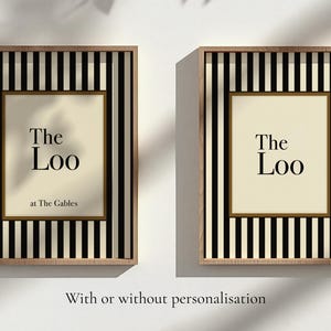 May include: Two framed art prints with the text "The Loo" in a serif font. The frames have a black and white striped pattern with a light wood border. The text "at The Gables" is below the main text.