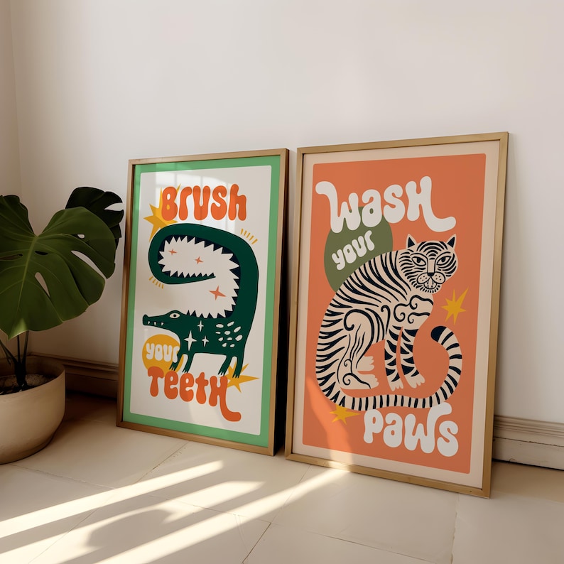 K&ouml;nnte beinhalten: Zwei farbenfrohe Poster mit Illustrationen eines Alligators und eines Tigers. Das Alligator-Poster sagt "Putze deine Z&auml;hne" und das Tiger-Poster sagt "Wasche deine Pfoten".