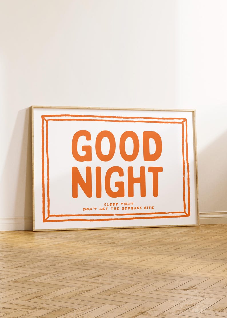 May include: A framed print with a white background and a bold orange text that reads "GOOD NIGHT" with the smaller text "SLEEP TIGHT DON'T LET THE BEDBUGS BITE" underneath.