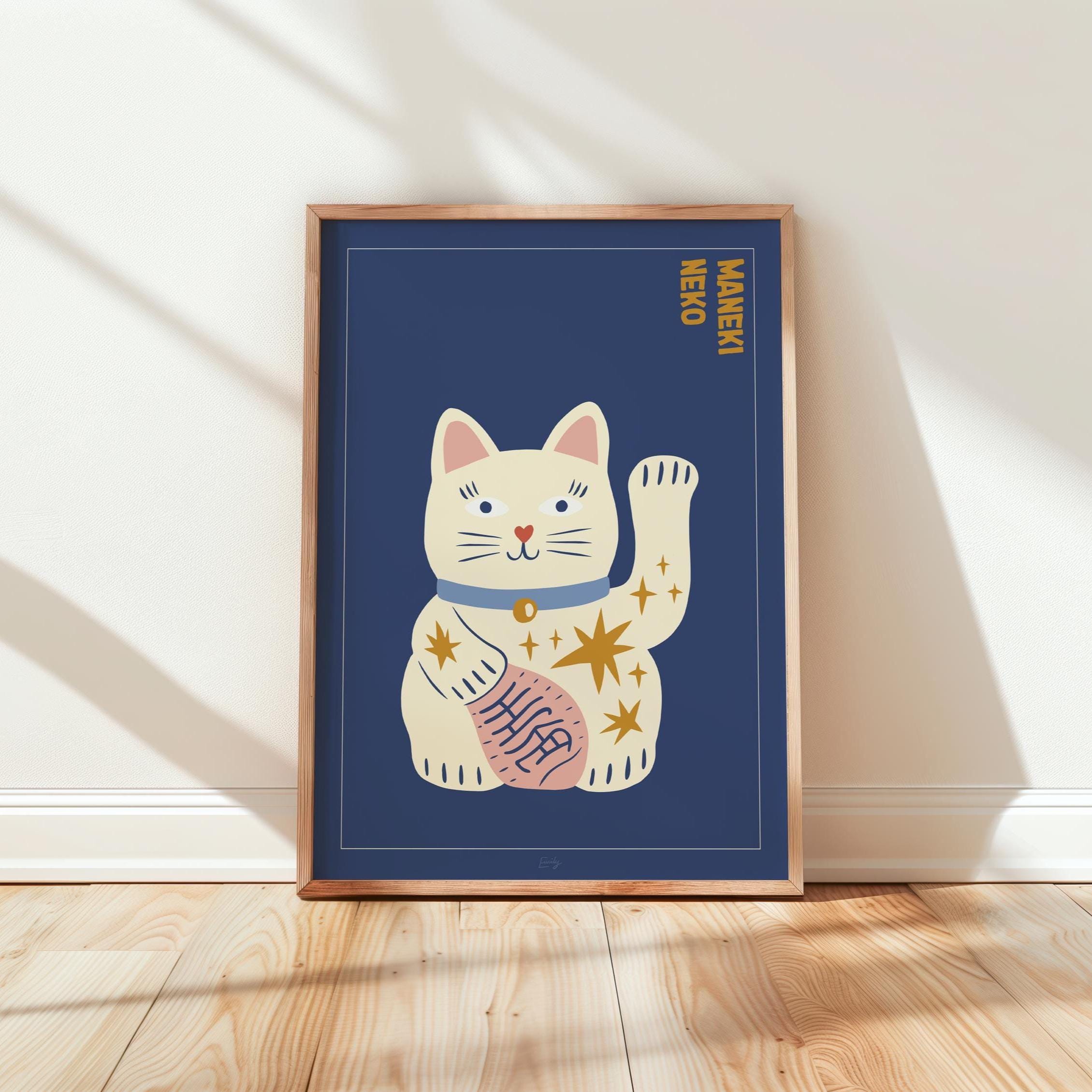 Lucky Cat Print, Maneki Neko Wall Art, Quirky Illustration