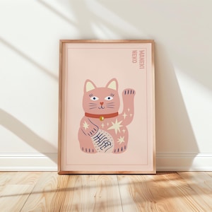 Lucky Cat Print, Maneki Neko Wall Art, Quirky Illustration, Gallery Wall, Kids Room, Cat Lovers Gifts, Trendy, Quirky Retro Japanese Decor