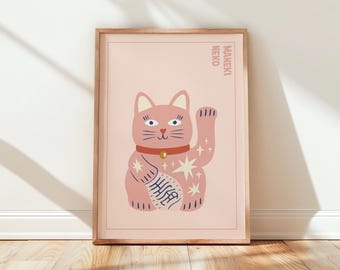 Lucky Cat Print, Maneki Neko Wall Art, Quirky Illustration, Gallery Wall, Kids Room, Cat Lovers Gifts, Trendy, Quirky Retro Japanese Decor