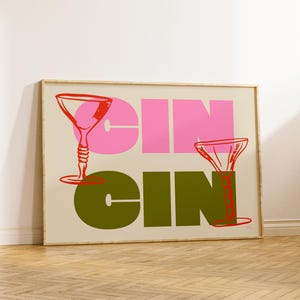 Cin Cin プリント、乾杯、キッチン バー カート ワイン アート、マティーニ ウォール アート、ドリンク ポスター、ファンキーな装飾、マキシマリスト、トレンディ、カラフル、レトロ アート