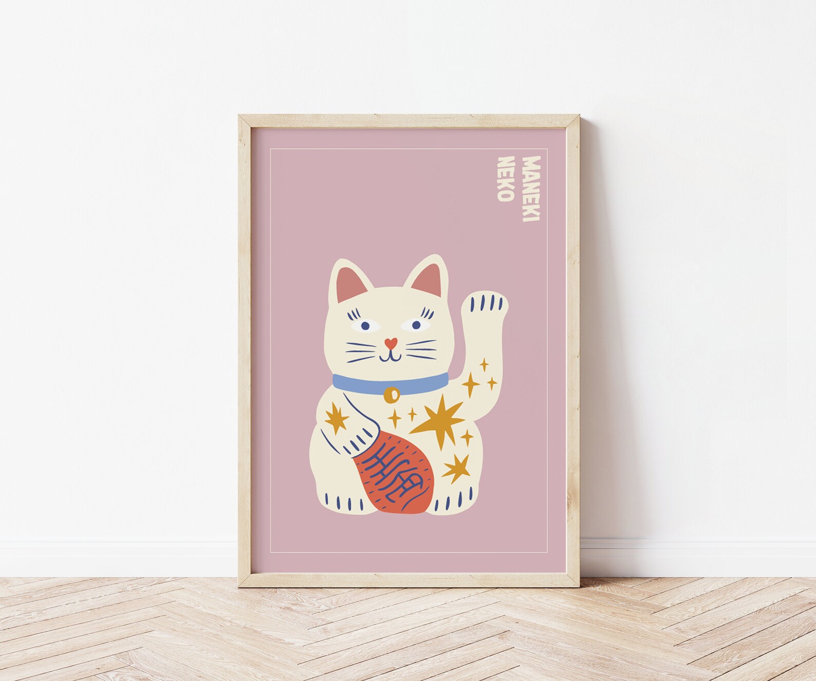 Lucky Cat Print Maneki Neko Wall Art Quirky Illustration | Etsy