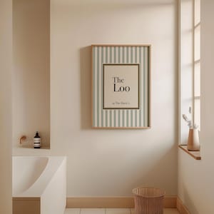Preview of personalised “The Loo” bathroom print listing showing sage green striped wall art with custom text option