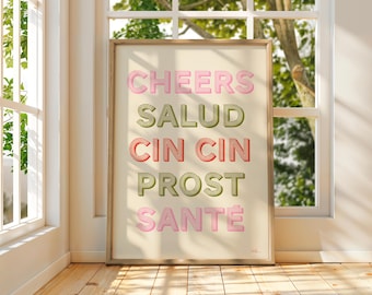 Cheers Salud Kitchen Wine Art Print, Cin Cin Art, Bar Cart Accessories, Funky Prints, Maximalist Decor, Trendy, Colourful Kitchen Wall Art,