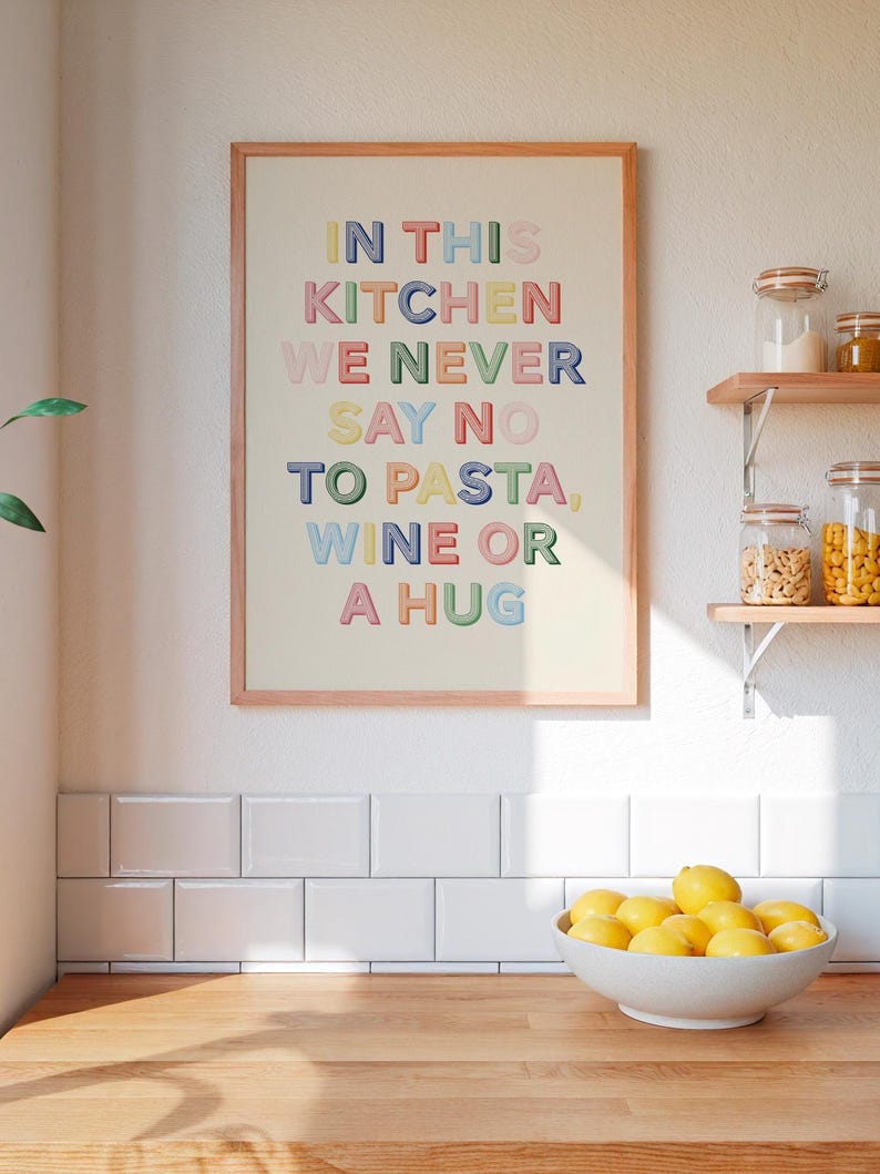 Kitchen Print, Pasta and Wine Art Print, Fun Decor Wall Art, Funny Poster, Funky, Maximalist Decor, Trendy, Colourful Kitchen Wall Art, image 1