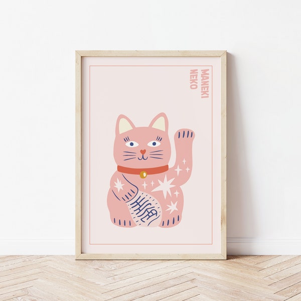 Lucky Cat Print, Maneki Neko Wall Art, Eigenzinnige illustratie, Galerij Muur, Kinderkamer, Gift Cat Lovers, A3 A4 A5, Eigenzinnig Retro Japans Decor