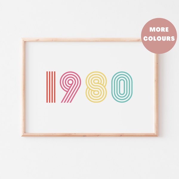 Retro Year Print, Birthday Gift, Landscape, 60s 70s Font, Funky Home Decor, Cool Poster, Colourful, Wedding Anniversary Gift A6 A5 A4 A3