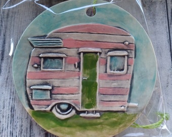 Camper Ornament Handcrafted Ceramic - Round - Christmas Ornament - Happy Camper