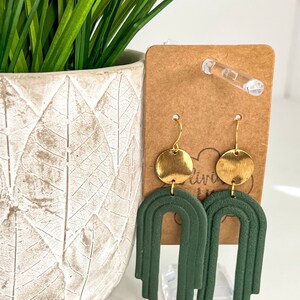 Arch Polymer Clay and Gold Green Dangle Earrings Boho Everyday Statement Lightweight