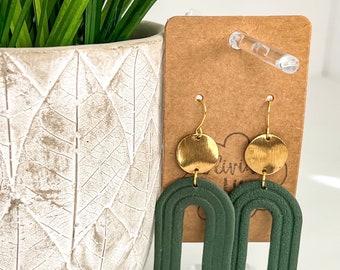 Arch Polymer Clay and Gold Green Dangle Earrings Boho Everyday Statement Lightweight