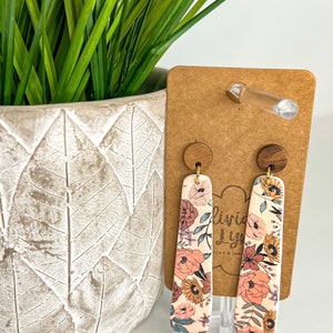 Polymer Clay Floral Print with Wood Dangle Earrings Boho Everyday Statement Lightweight