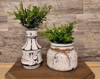 Set of two decorative glass jars/vases. Farmhouse home decor.