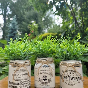 Set of three decorative handcrafted antique looking mini jars. Vintage Farmhouse home decor. Tiered tray decor. 5